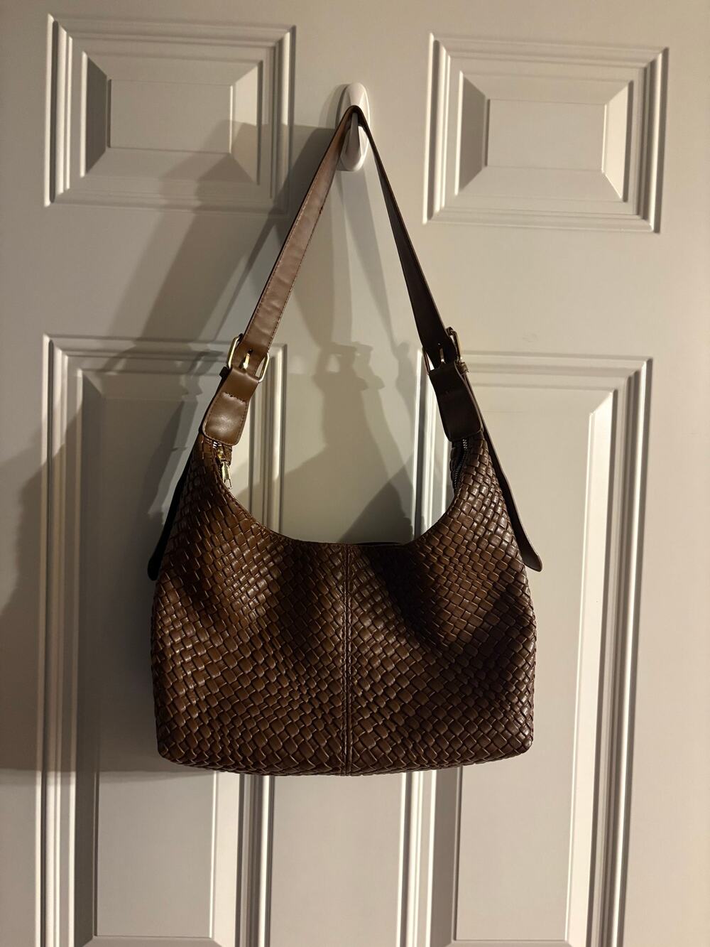 Boho brown woven pleather shoulder bag